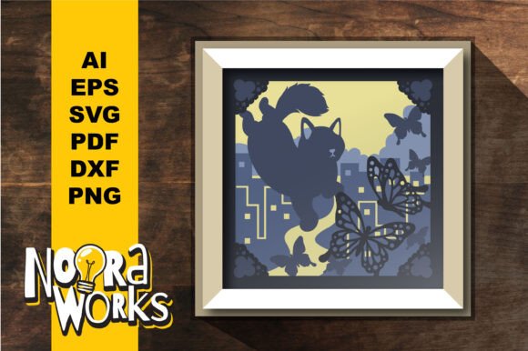 Cat and Butterflies Layered Papercut 3D SVG Shadow Boxes